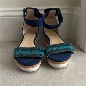 Jimmy Choo Blue and Teal Watersnake Platform Sandals with Ankle Strap